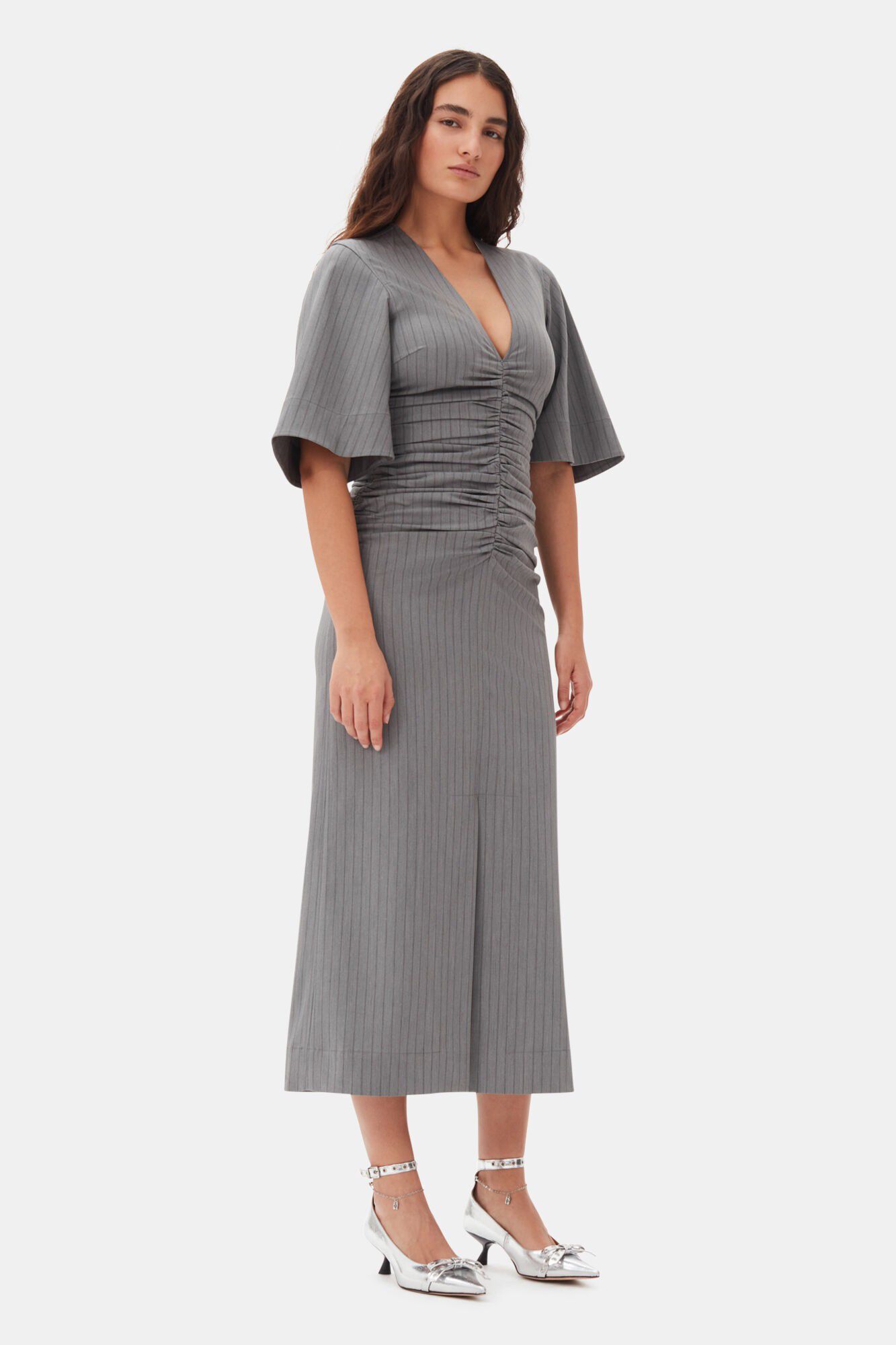 Stripe Suiting V-neck Fitted Dress