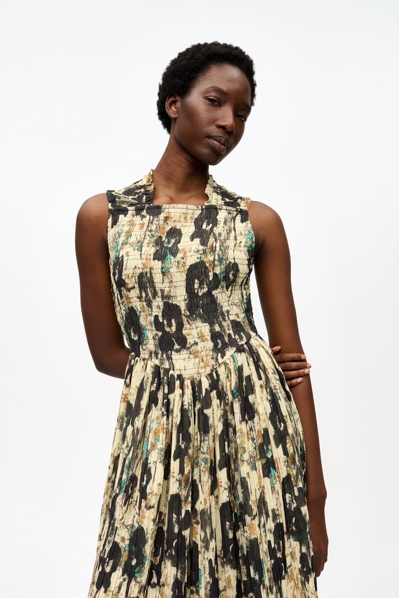 Printed Pleats Smock Midi Straps Dr