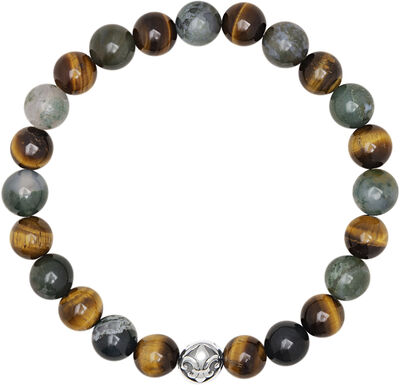 Men's Wristband with Aquatic Agate, Brown Tiger Eye and Silv