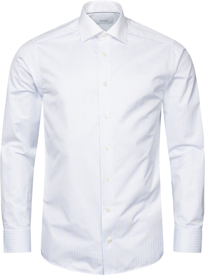 Contemporary Fit Light Blue Striped White Collar Signature Twill Shirt