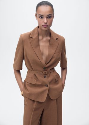 Linen blend suit blazer with belt