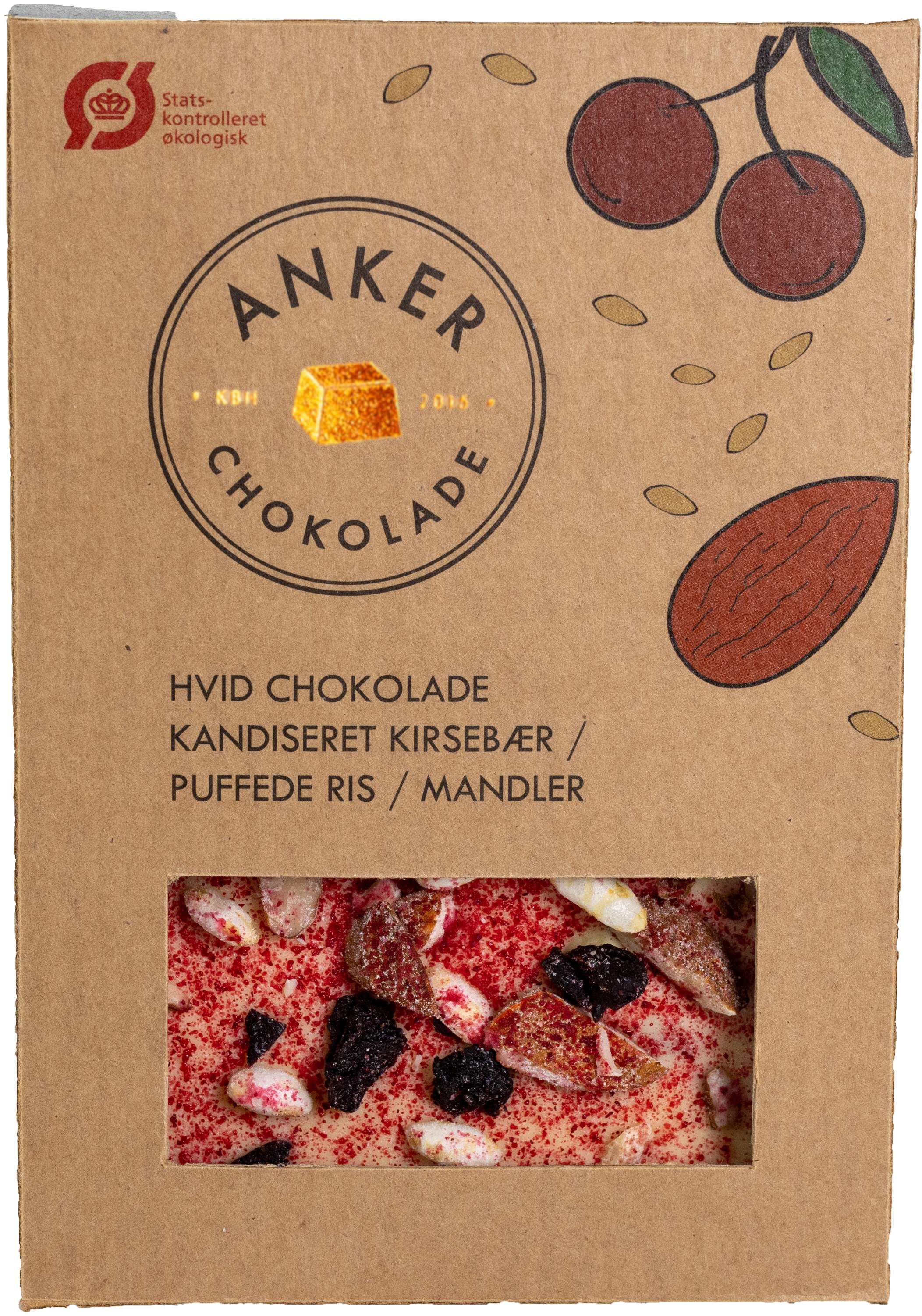 100gr Plade - Hvid chokolade / kirseb&aelig;r / puffede ris / mandler