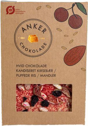 100gr Plade - Hvid chokolade / kirseb&aelig;r / puffede ris / mandler