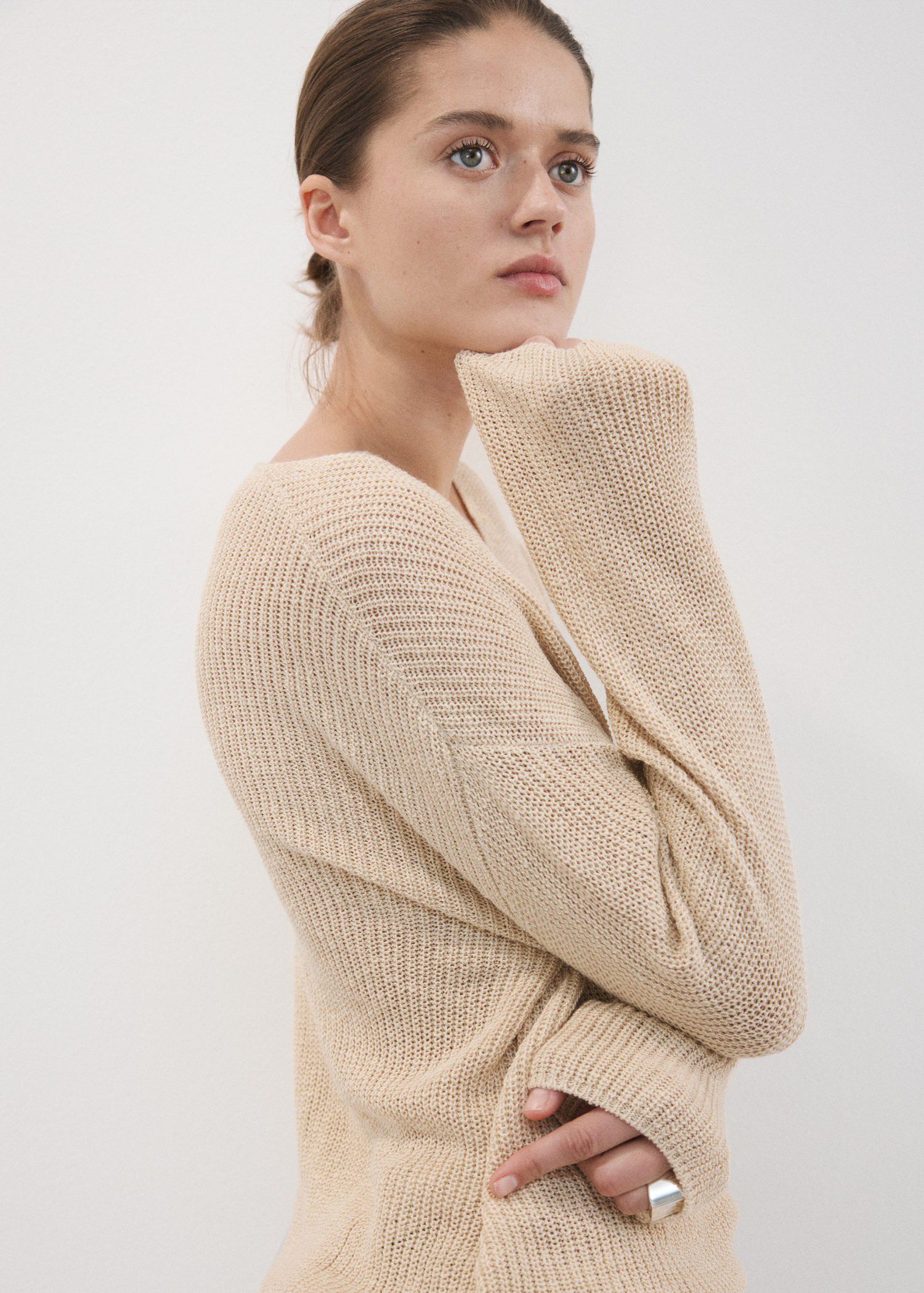 V-neck openwork knitted sweater