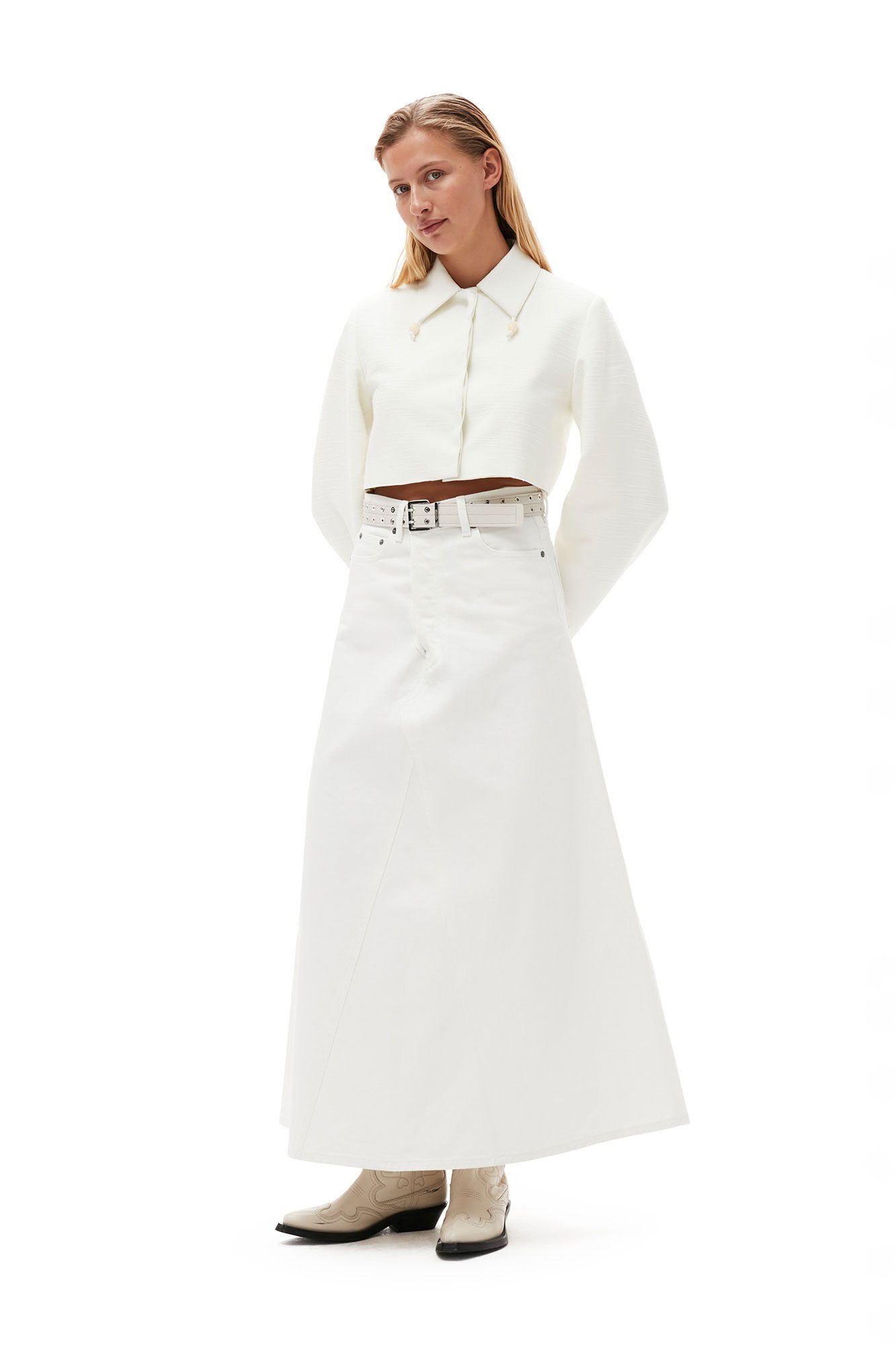 White Denim Double Fly Maxi Skirt
