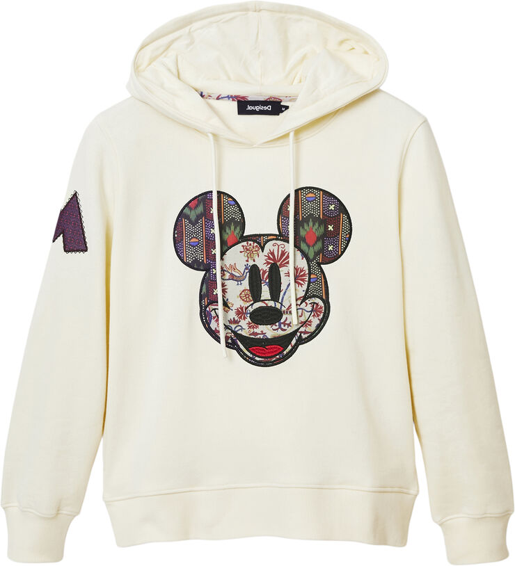 White hoodie with large Mickey Mouse patch
