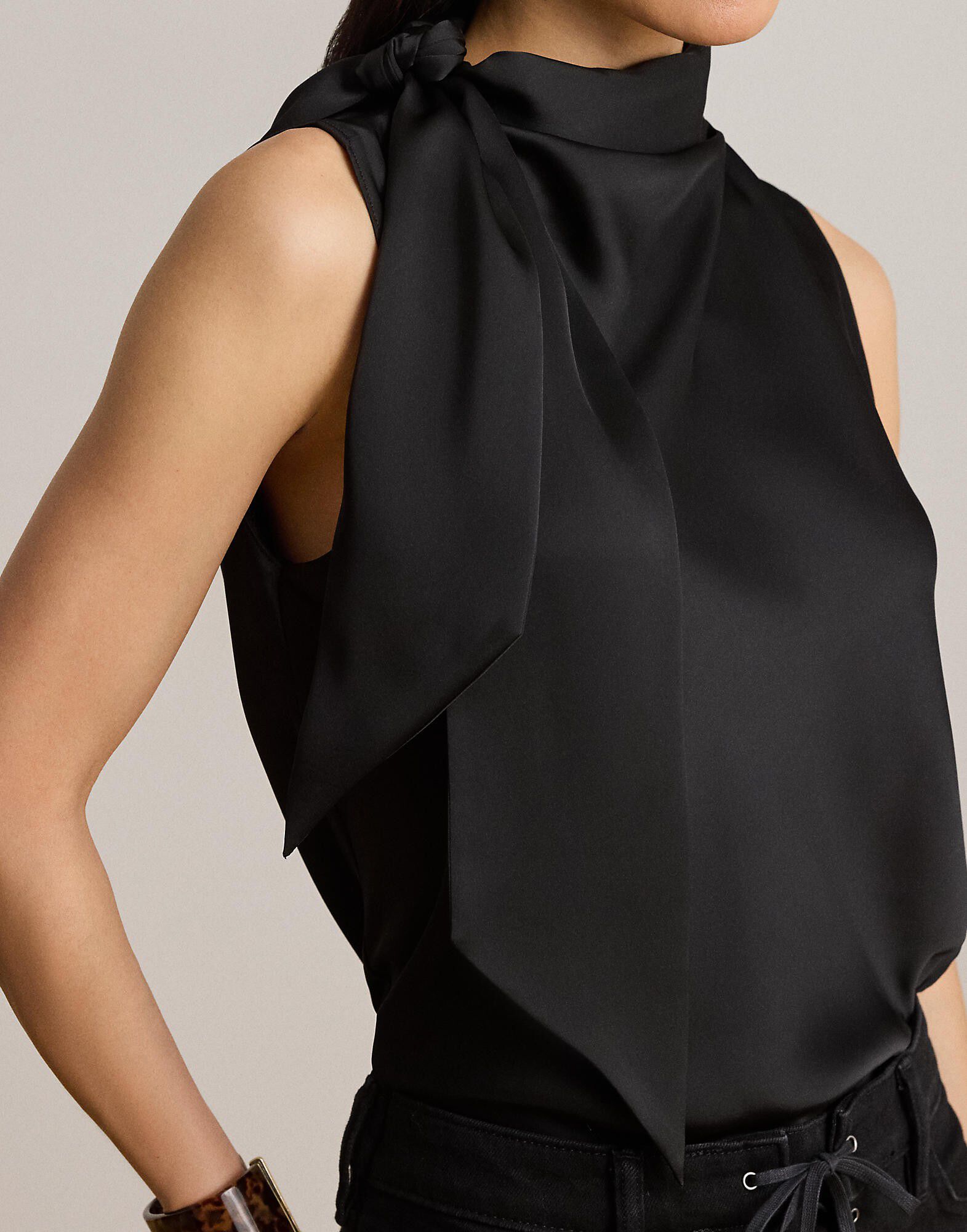 Tie-Neck Charmeuse Sleeveless Blouse