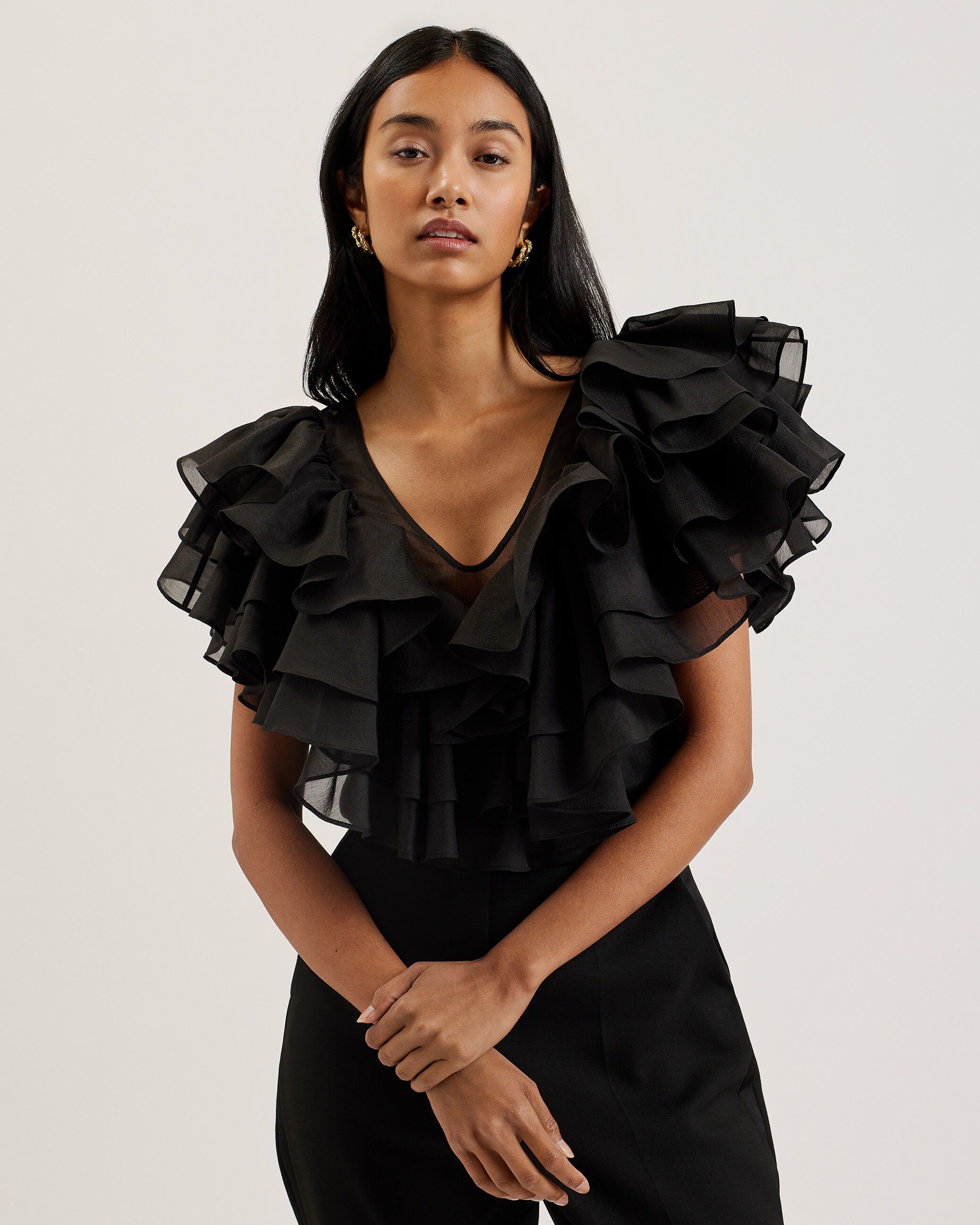 CALONDA Oversized Frill Sleeve V Ne