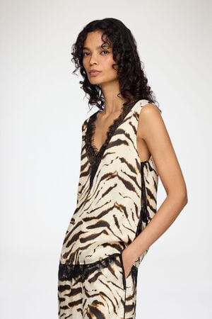 Printed Stretch Satin V-neck Lace S