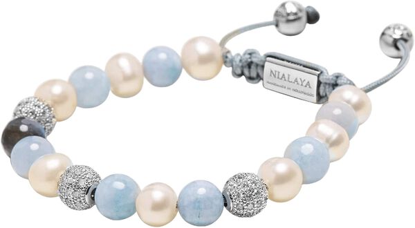 Women's Beaded Bracelet with Aquamarine, Pearl, and Labrador