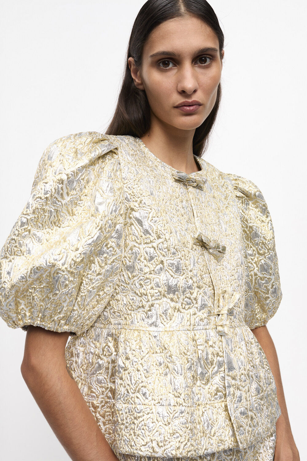 Metallic Cloque Peplum Blouse