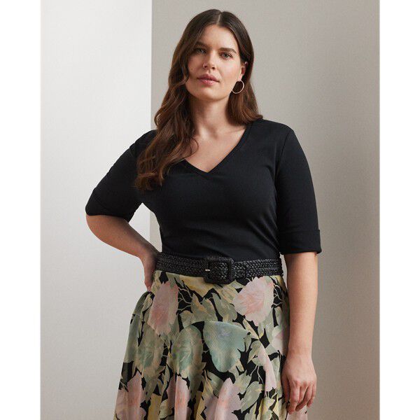 Stretch Cotton Elbow-Sleeve V-Neck Tee