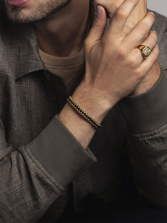 Men's Black Woven 8mm Box Chain Bracelet in Gold