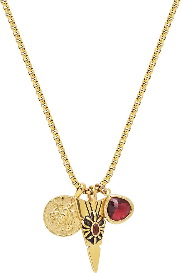 Men's Golden Talisman Necklace with Arrowhead, Red Ruby CZ D