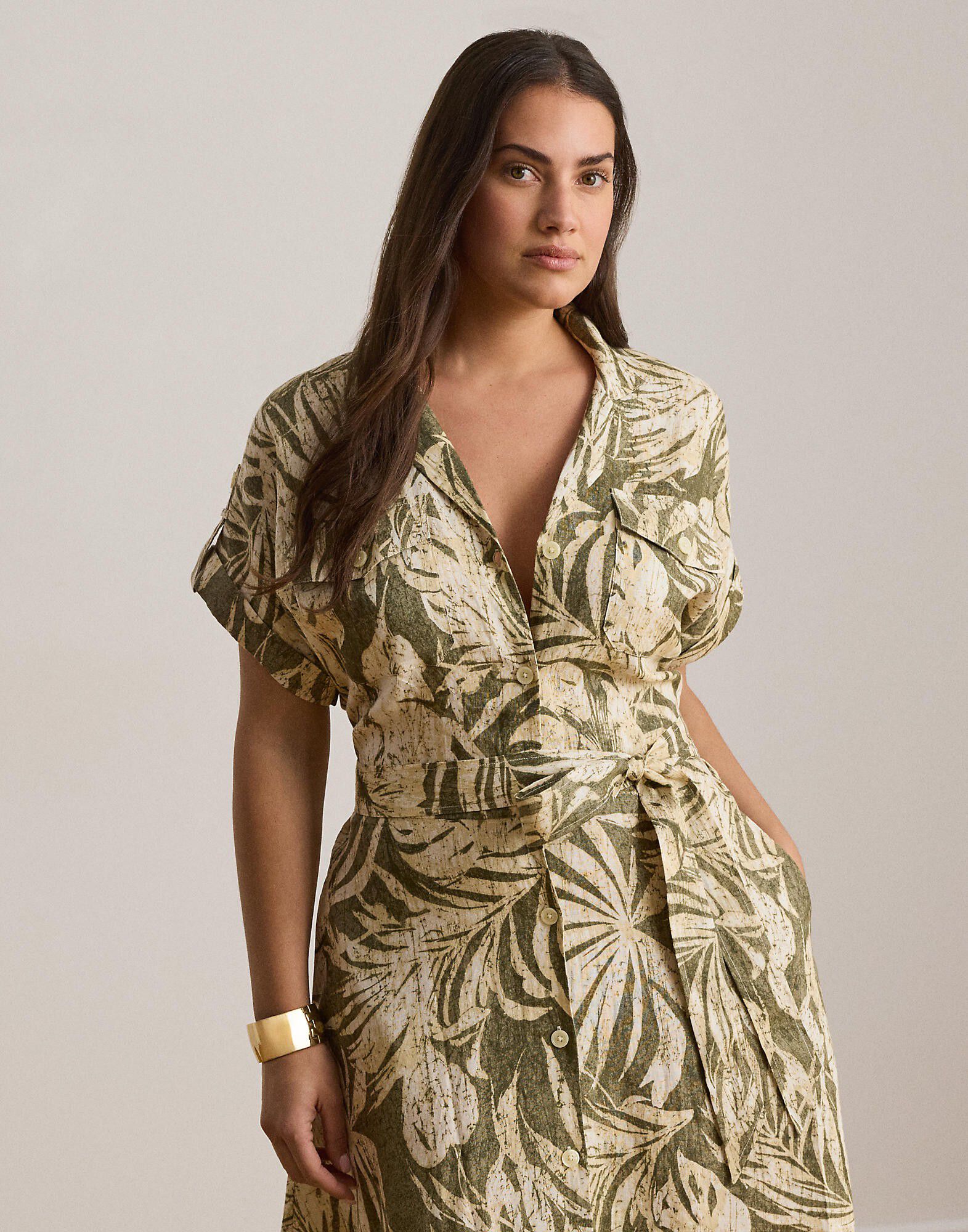 Palm-Frond-Print Linen Camp Shirtdress