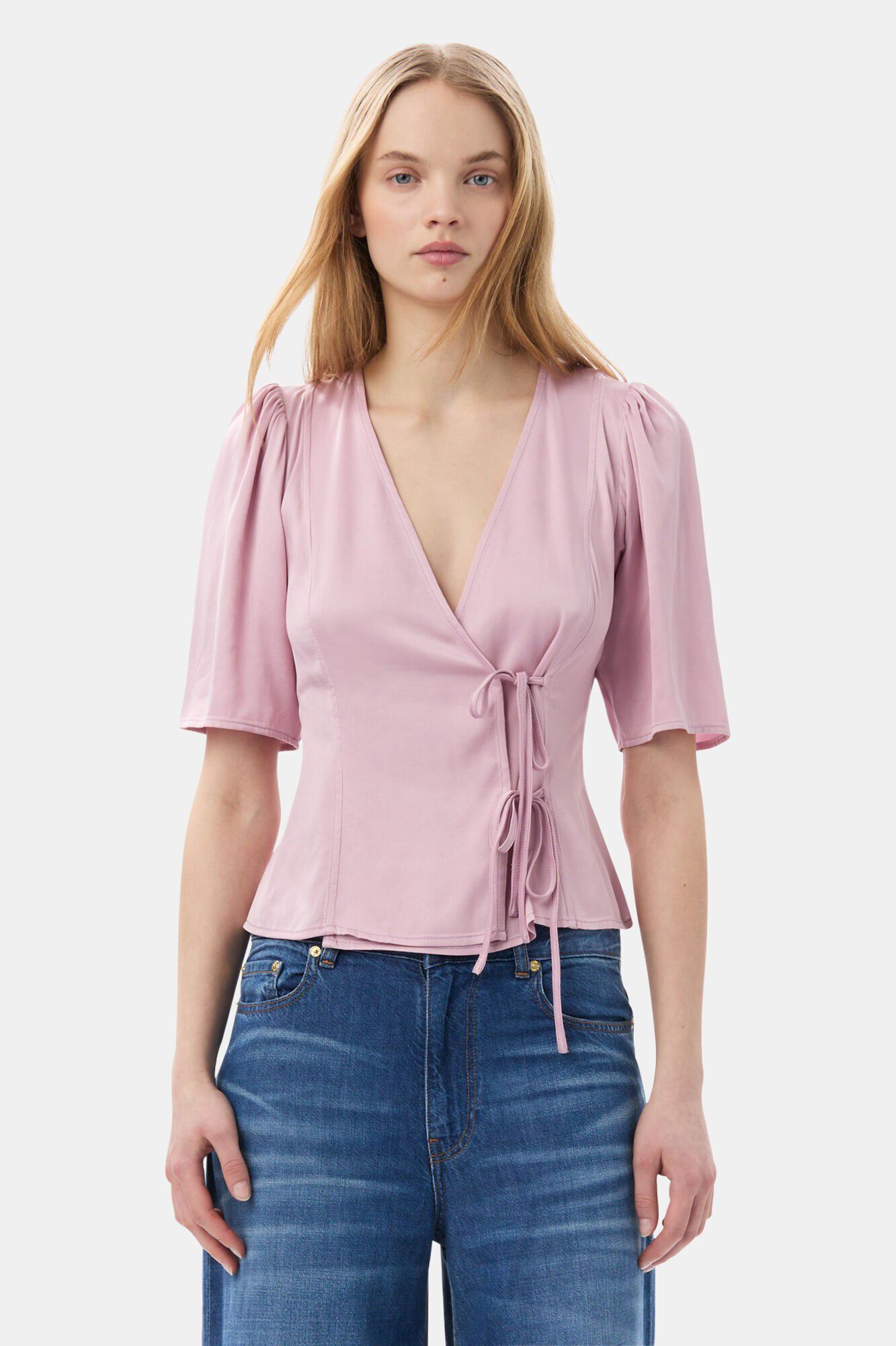 Washed Satin Wrap Blouse