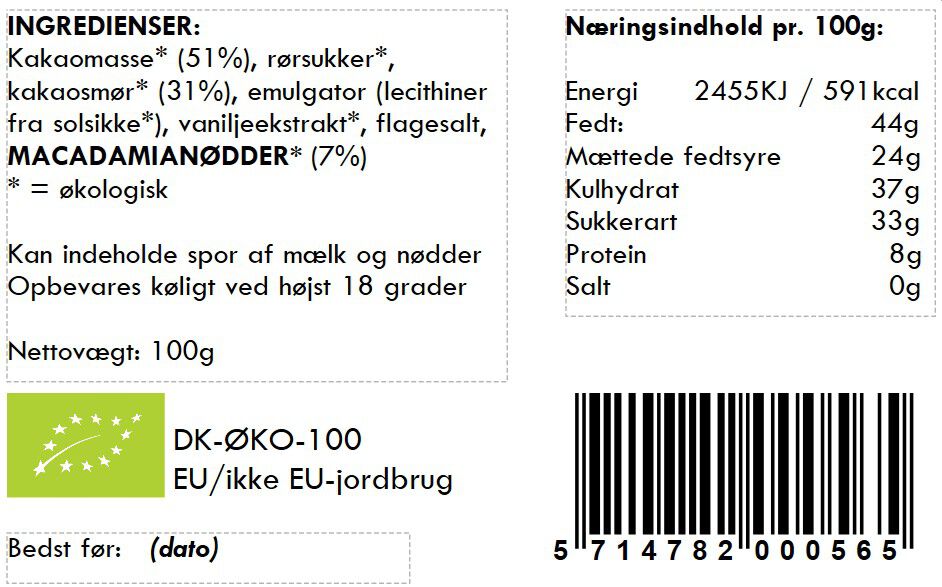 100gr Plade - S&atilde;o Tom&eacute; 66% m&oslash;rk chokolade / macadamian&oslash;dder / flagesal