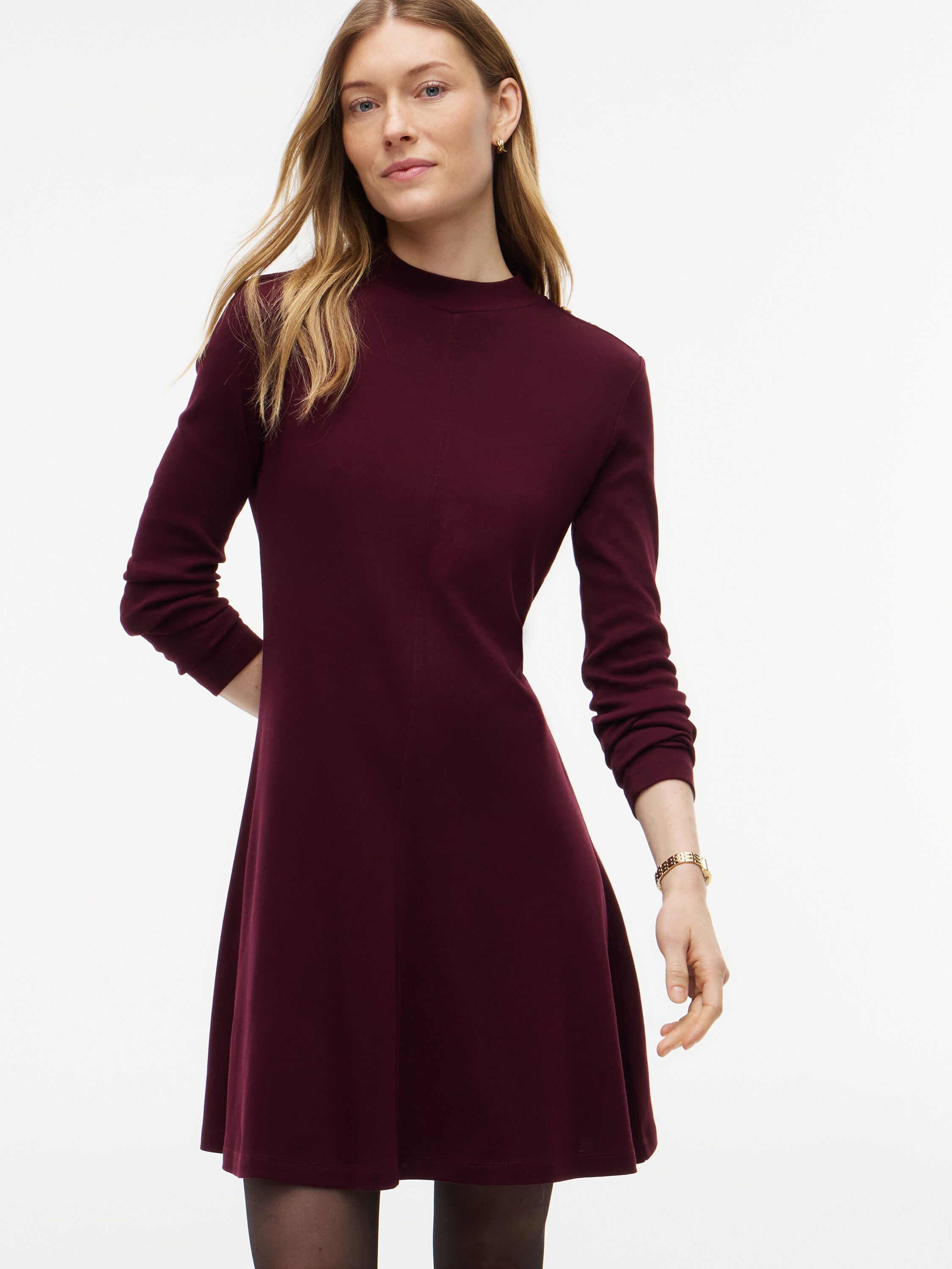 Gold-Tone Button Long Sleeve Midi Flare Dress