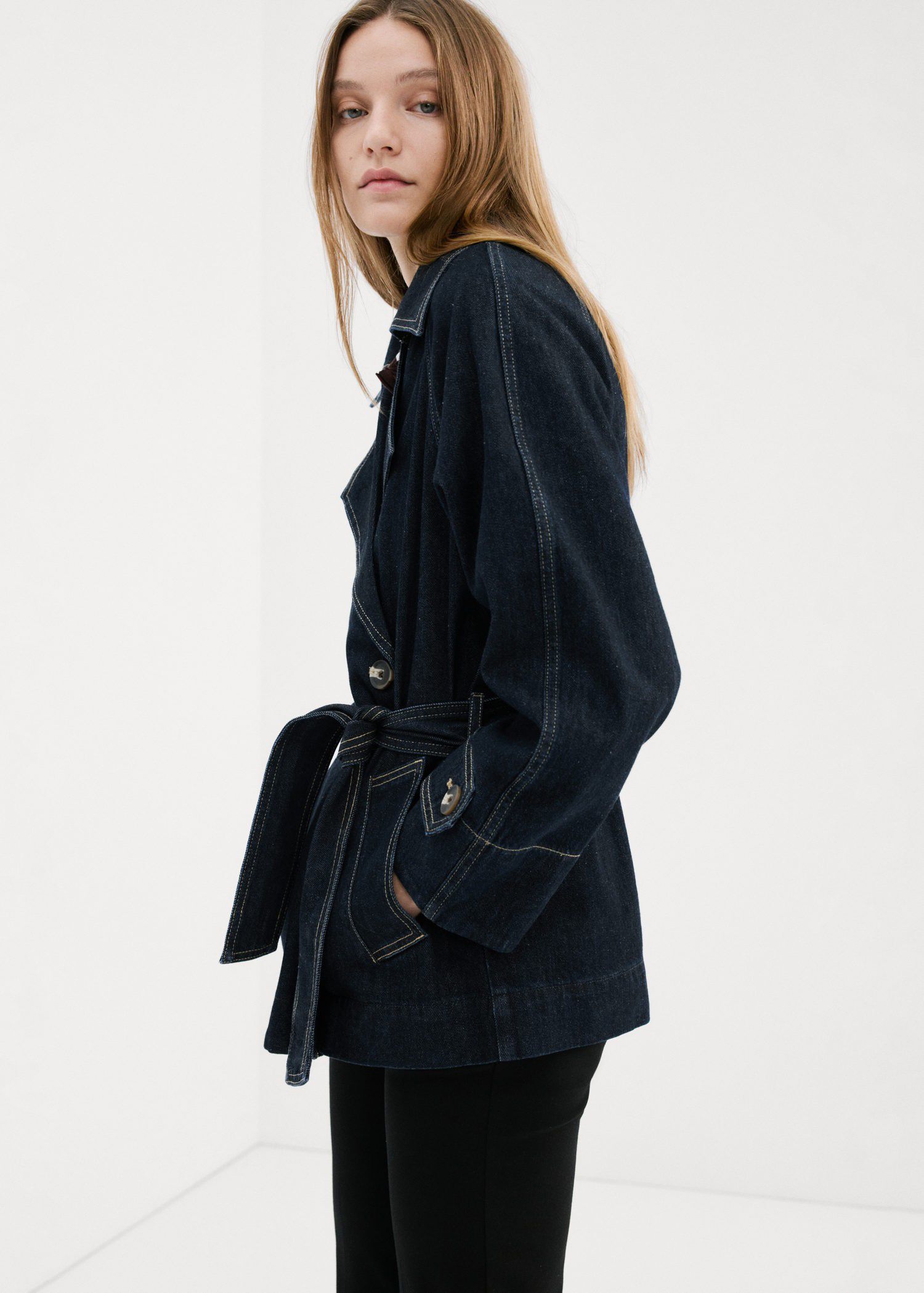 Denim trench with belt