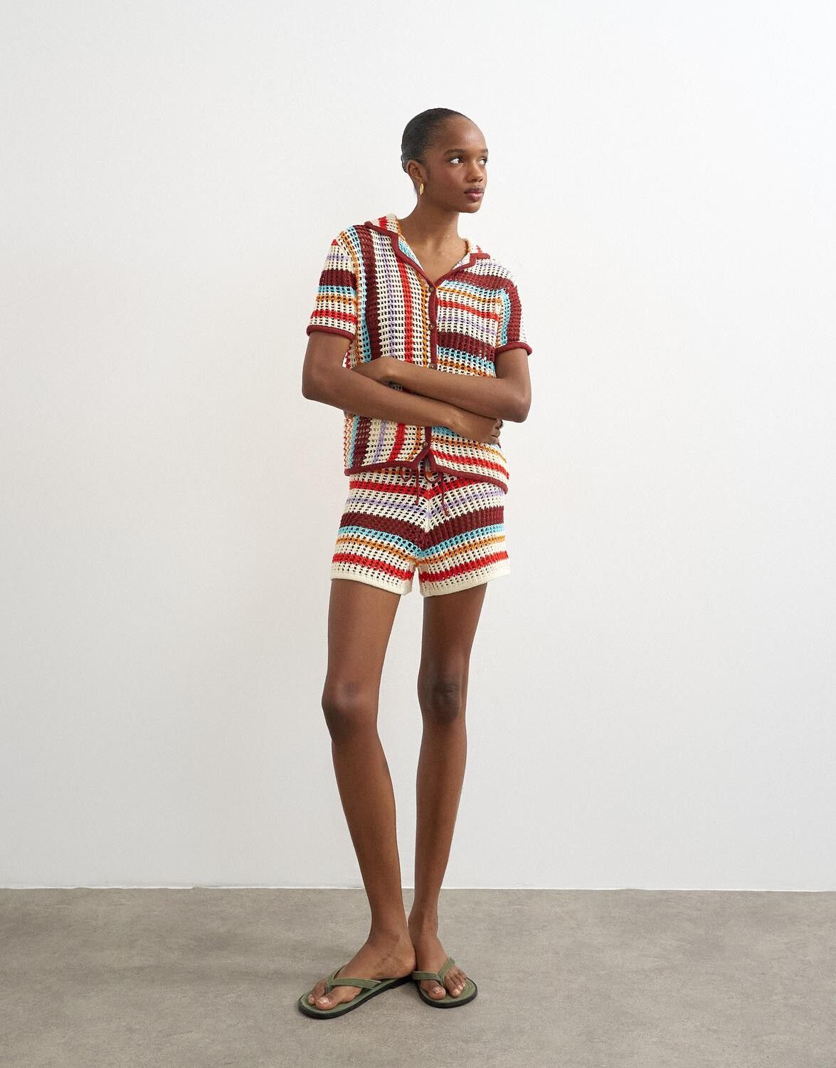 TSGERDI SS CROCHET STRIPED KNIT SHI