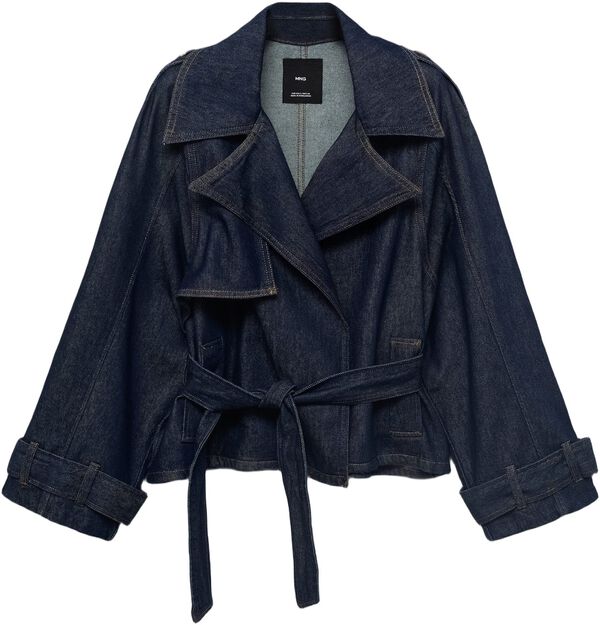 Short denim trench coat with belt