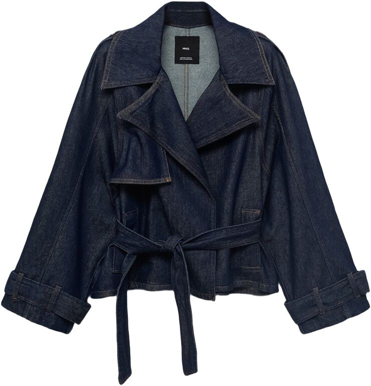 Short denim trench coat with belt