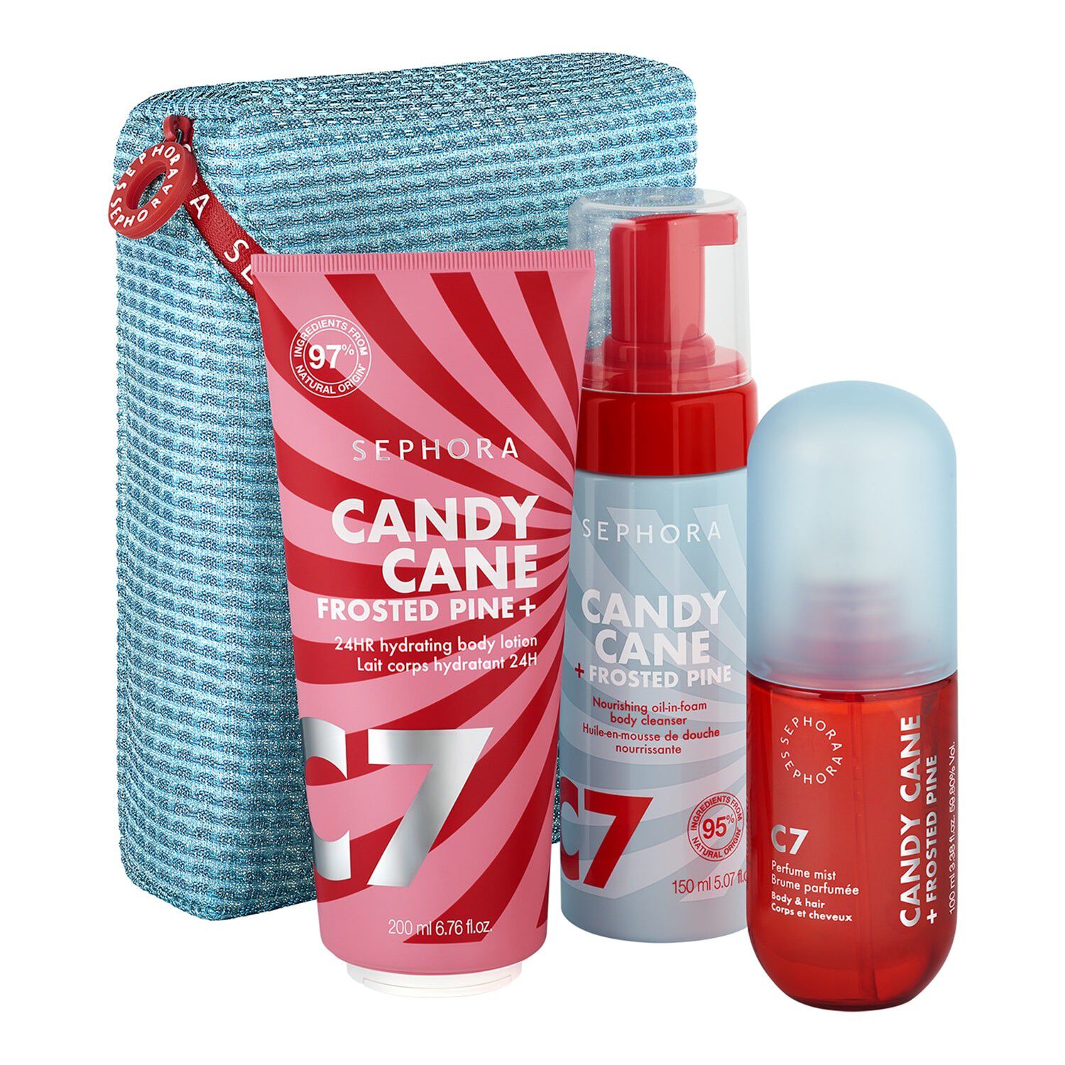 Candy Cane + Frosted Pine Bath Set - S&aelig;t med kropspleje