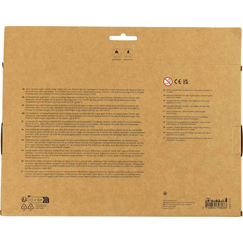 Tekstiltusch, streg 2,3+3,6 mm, standardfarver, 20 stk.