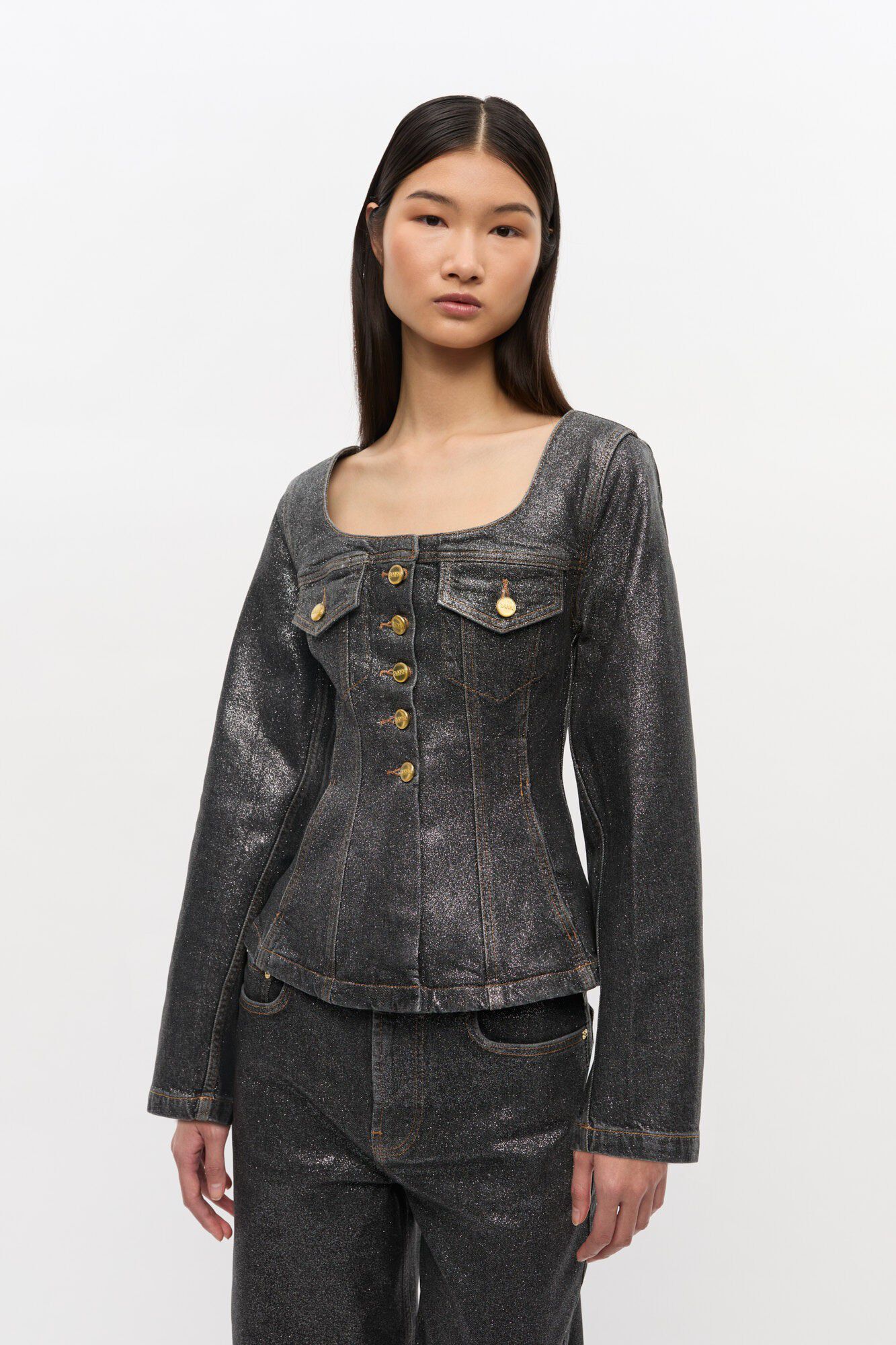 Shimmery Foil Denim Fitted Blazer