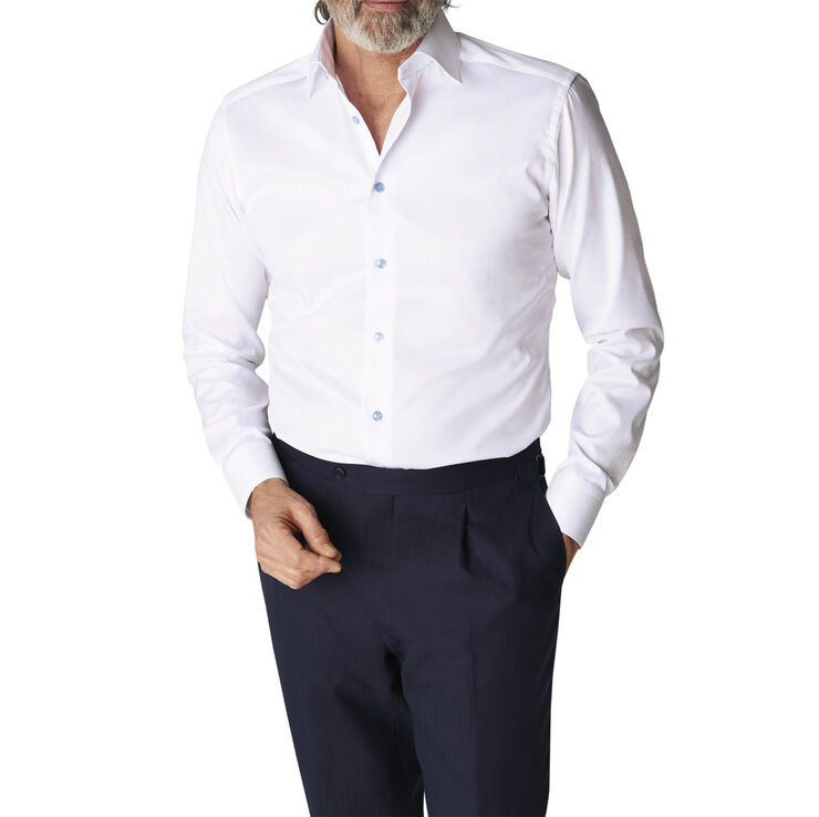 White Twill Shirt  Blue Details - Slim Fit