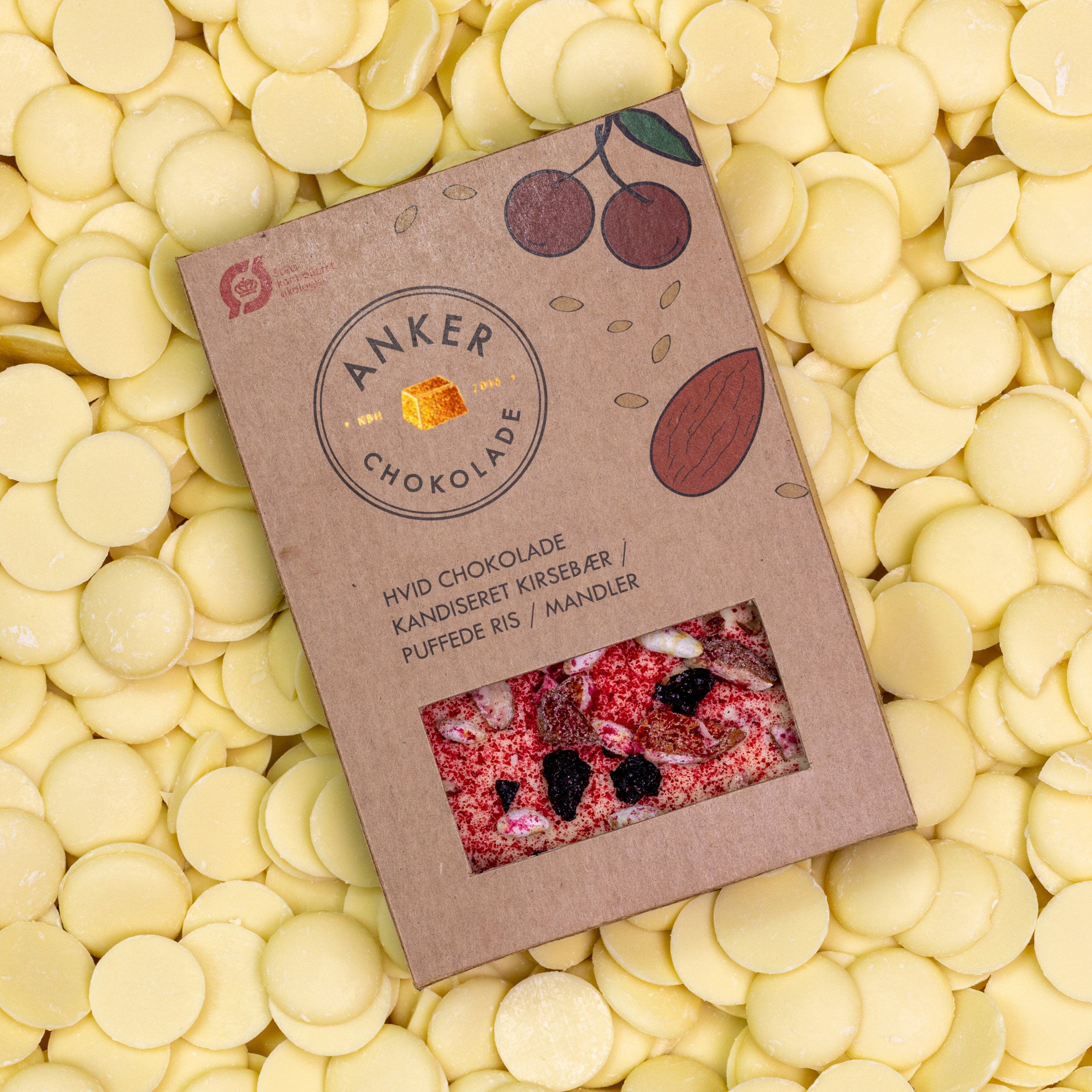 100gr Plade - Hvid chokolade / kirseb&aelig;r / puffede ris / mandler