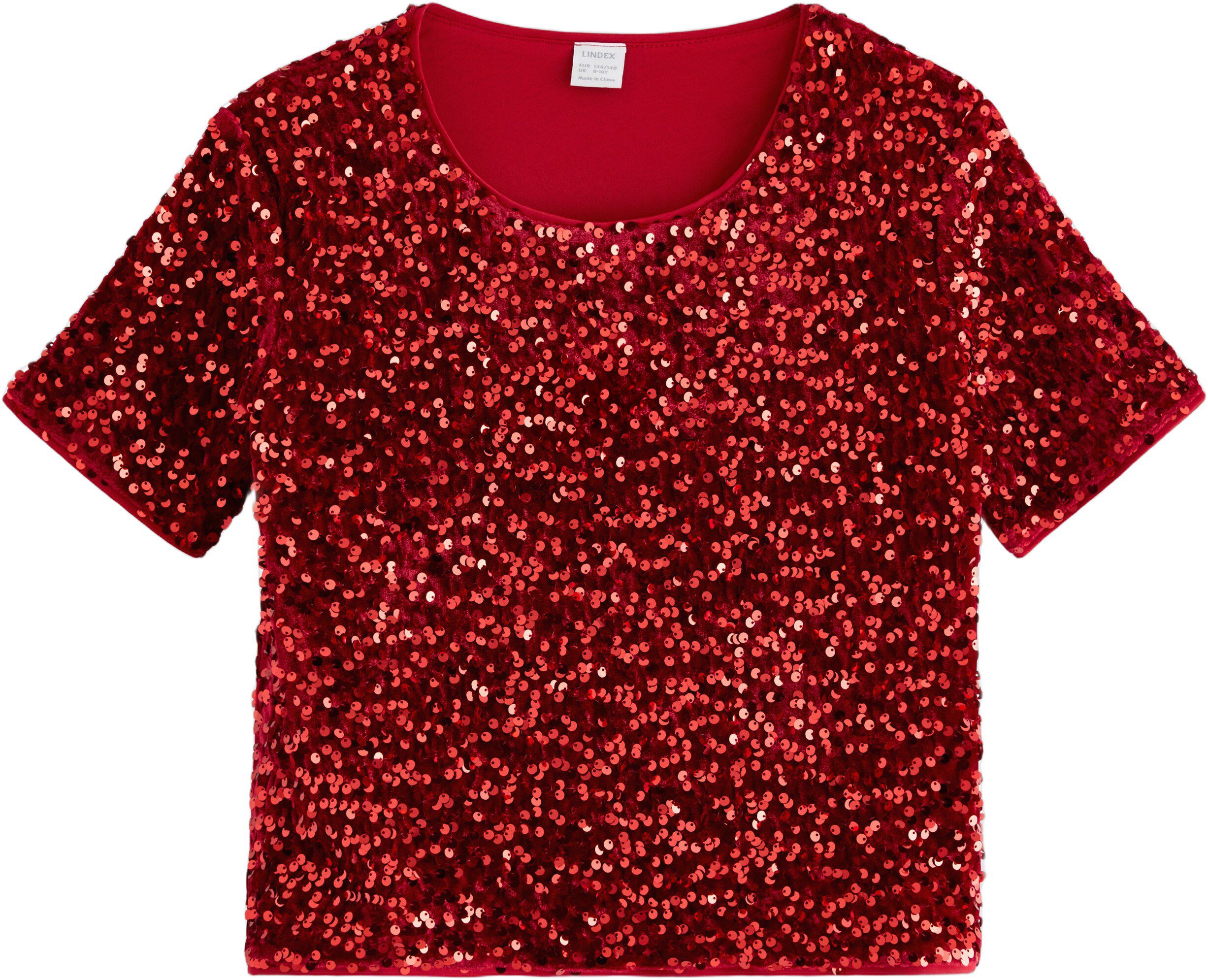 Glitrende kortermet topp med fl&oslash;yel