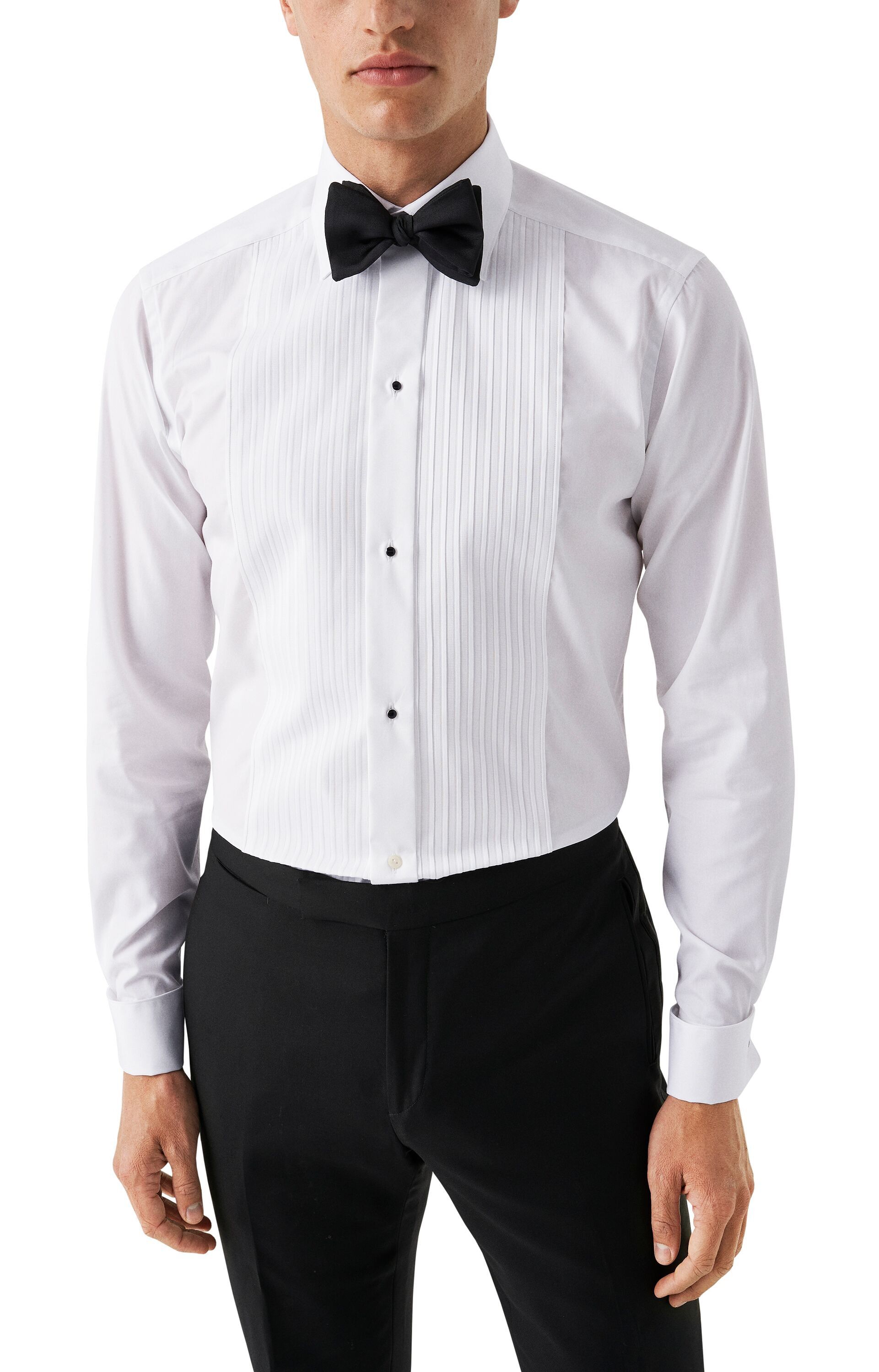 Contemporary Fit White Pliss&eacute; Black Tie Shirt