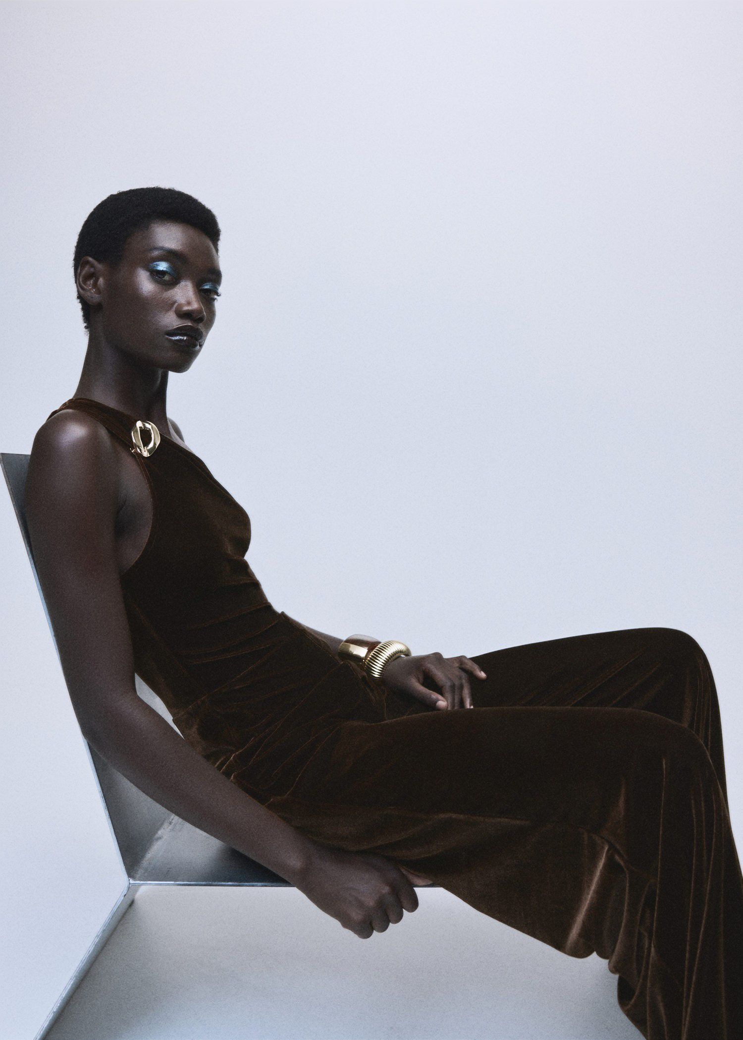 Velvet jumpsuit with metallic detai