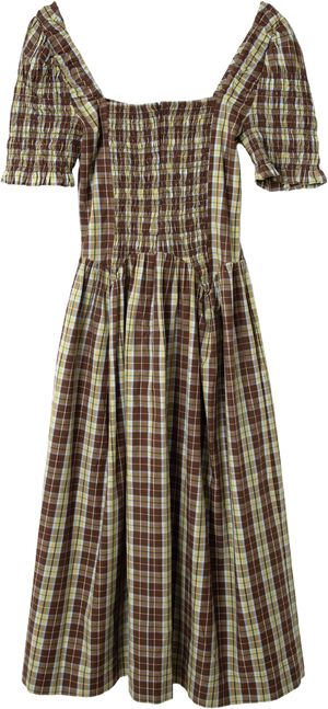 EMMY SHIRRED MIDI DRESS - COCOA CHECK