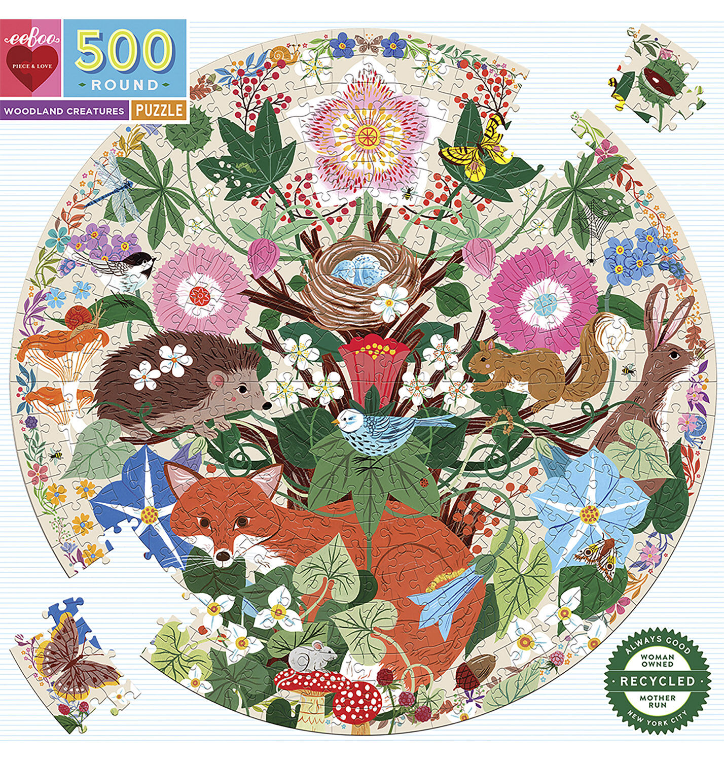 eeBoo - Rundt puslespil 500 brk - Woodland Creatures