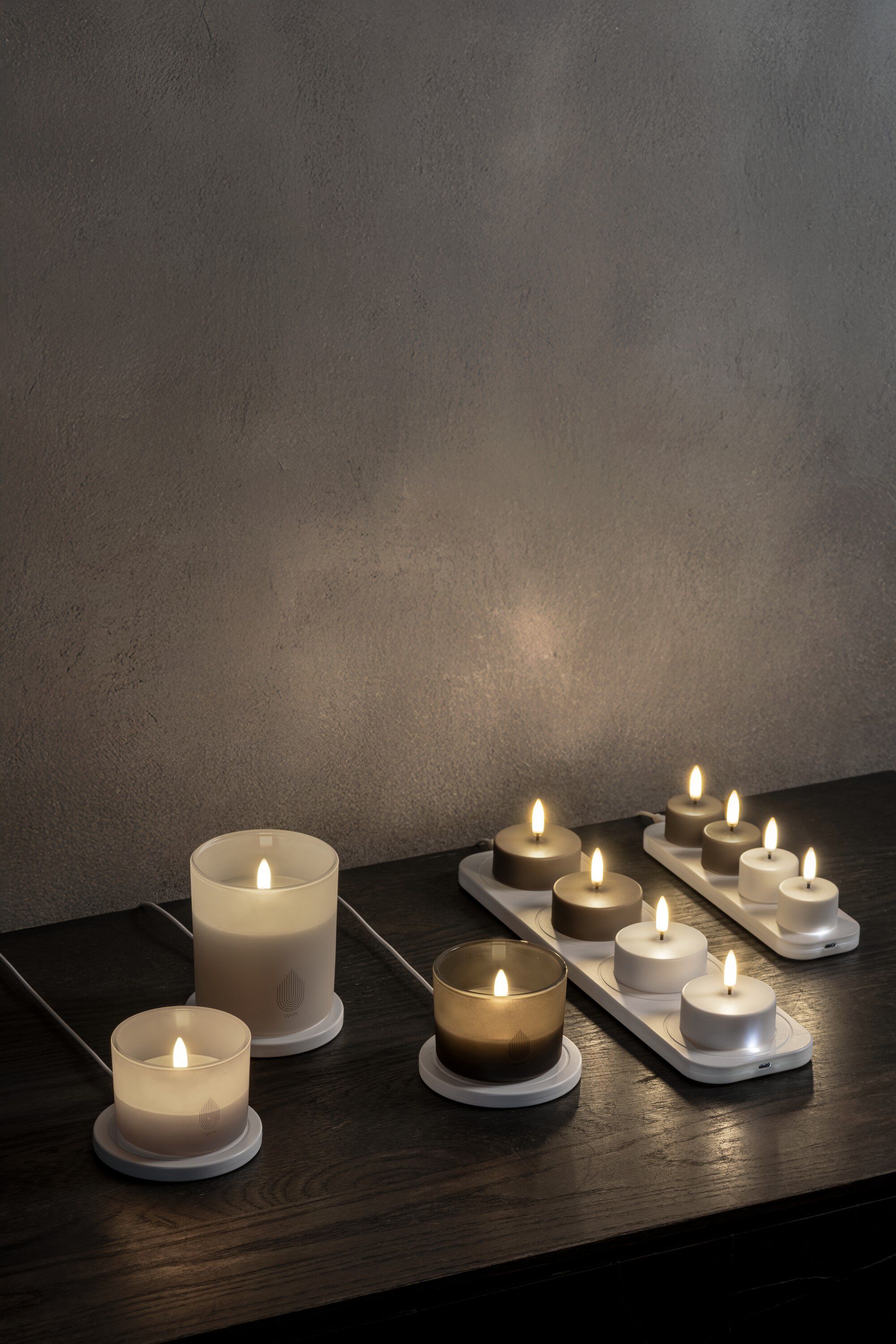 LED rechargeable glass candle, Grey, 8,2x6 cm