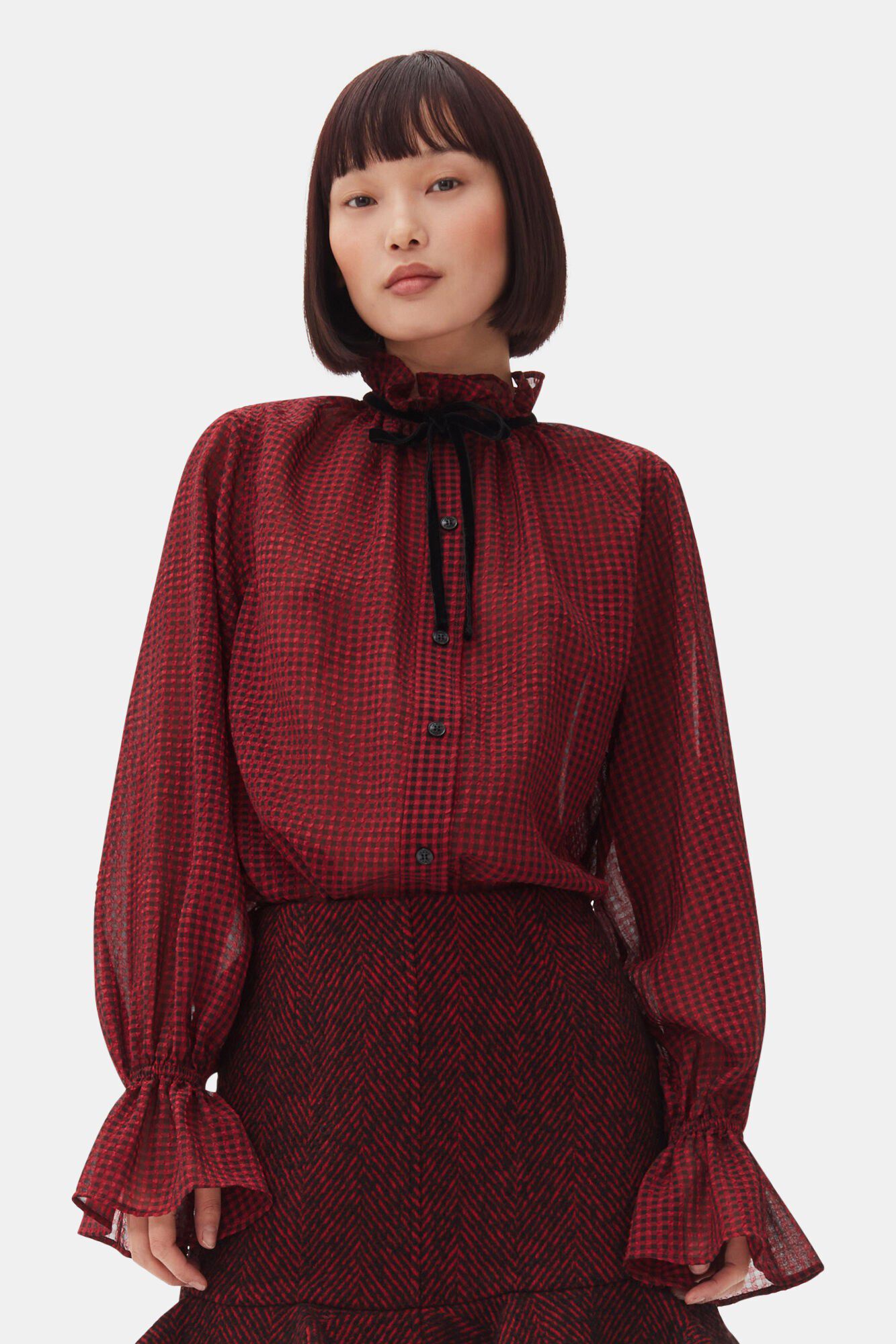 Sheer Fluid Check Tie String Shirt