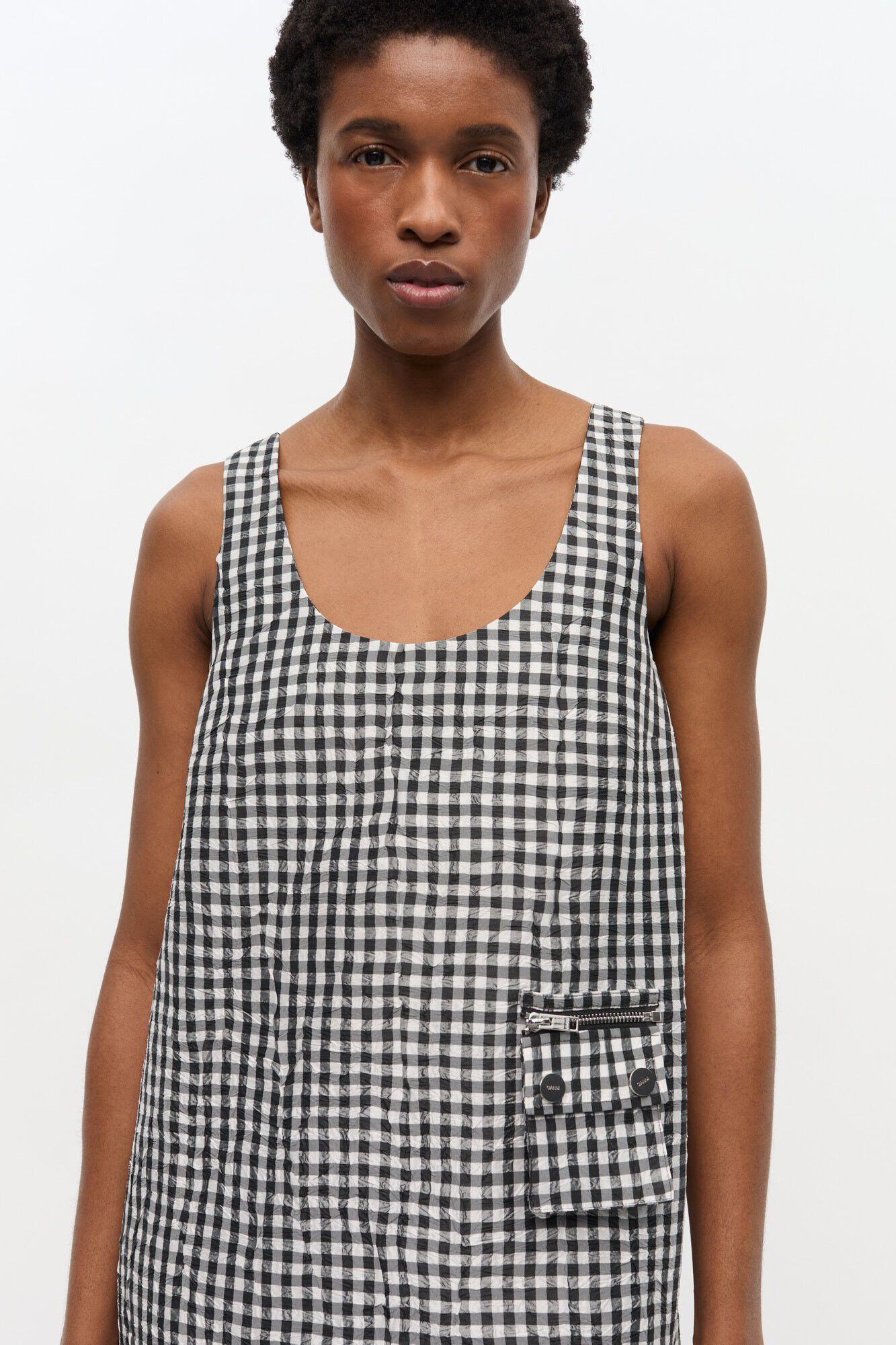 Crinkled Taffeta Check U-neck Long