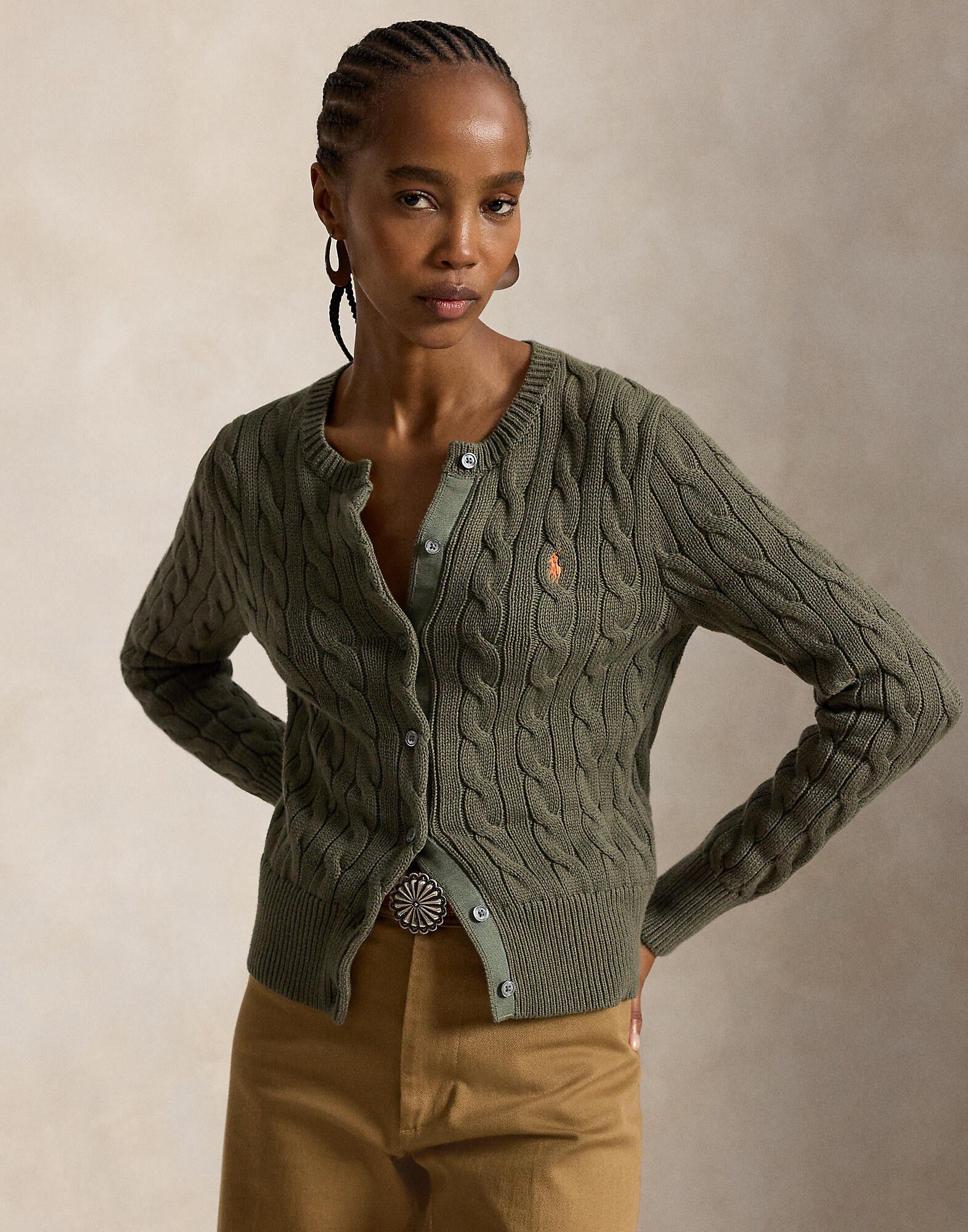 Cable-Knit Cotton Crewneck Cardigan