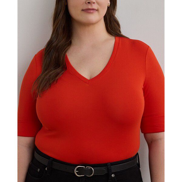 Stretch Cotton Elbow-Sleeve V-Neck Tee