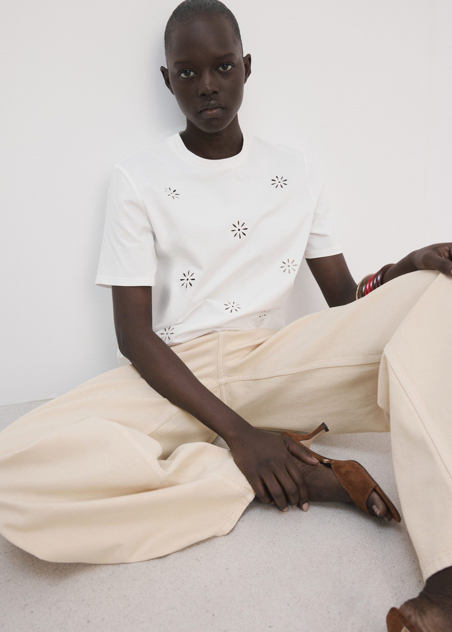 Embroidered cutwork cotton T-shirt