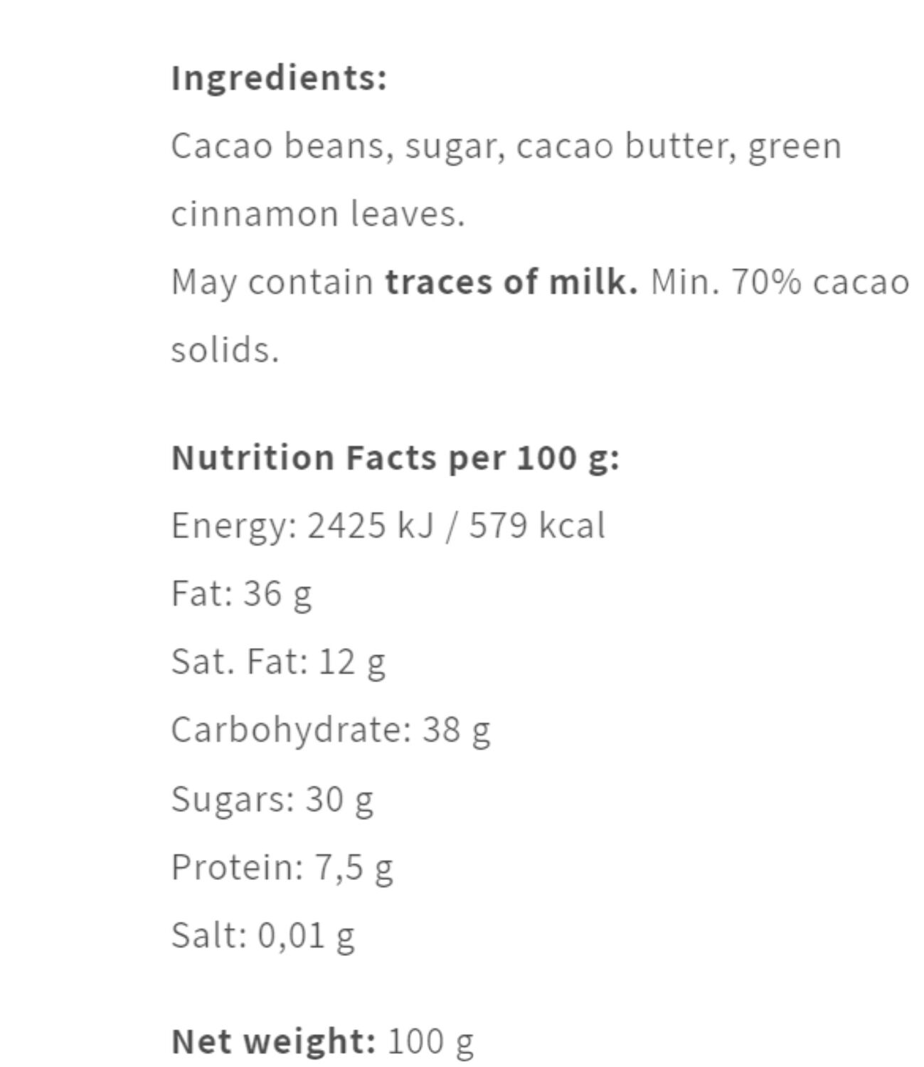 Nicaliso Green Cinnamon 70%, Nicaragua