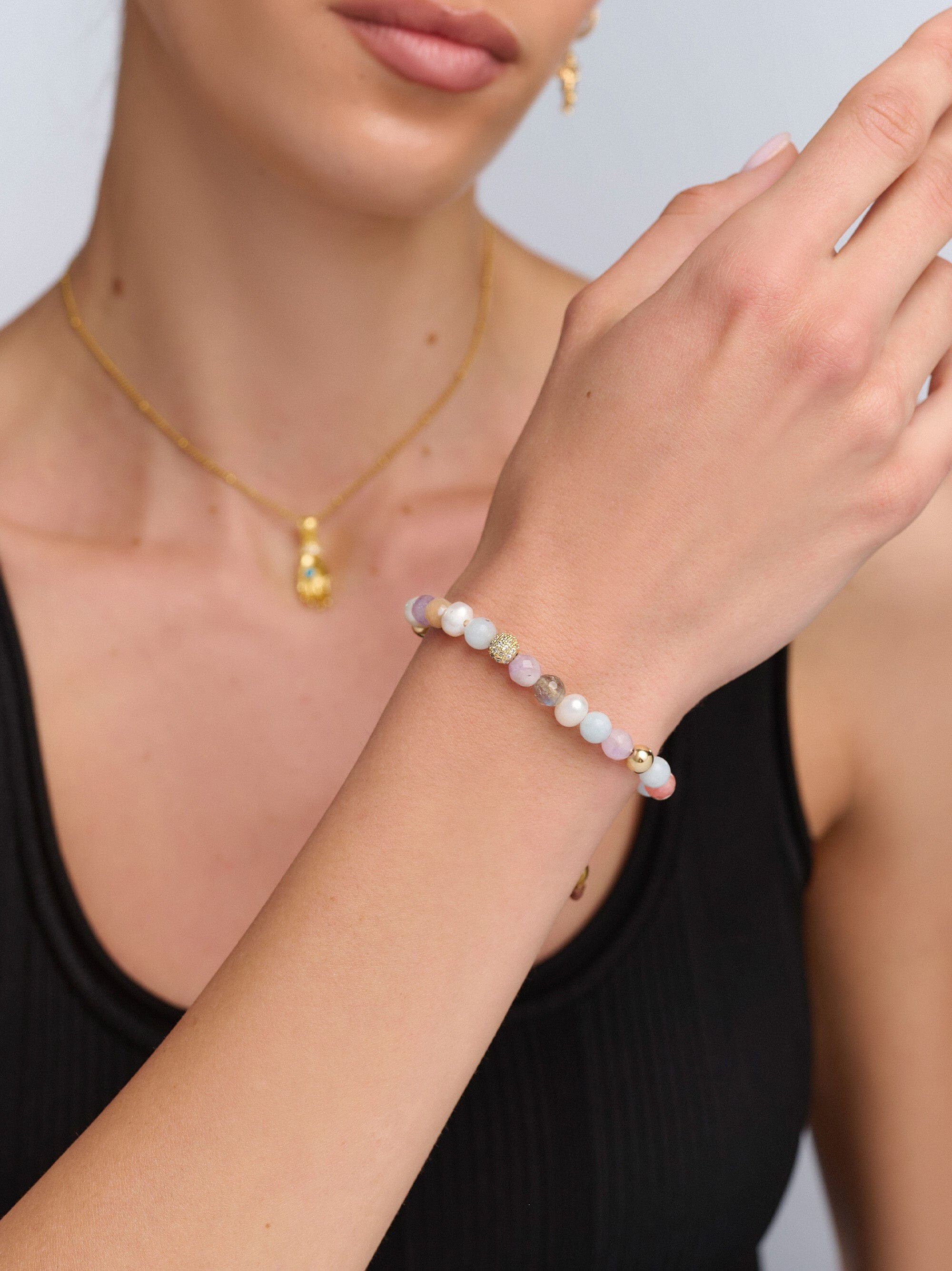 Women's Beaded Bracelet with Aquamarine, Amethyst Lavender,