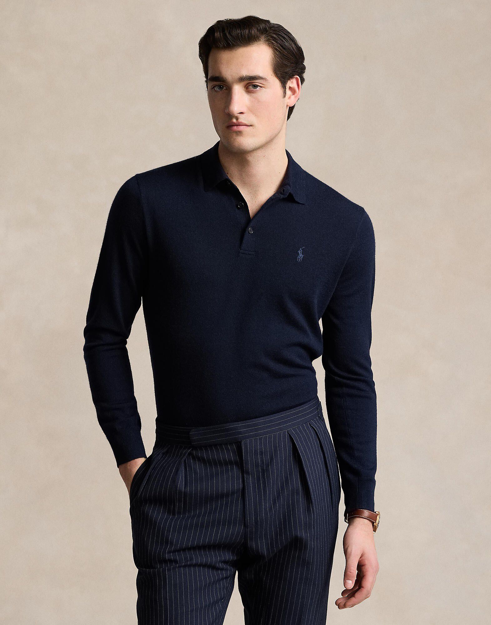 Washable Wool Polo-Collar Sweater
