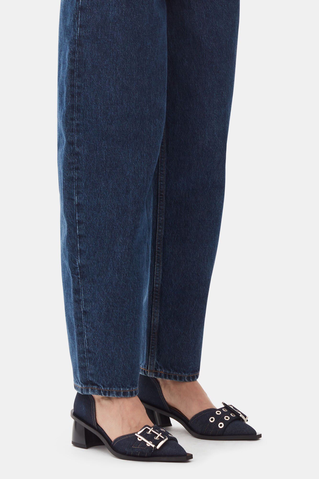 Feminine Buckle Open Cut Pump Denim