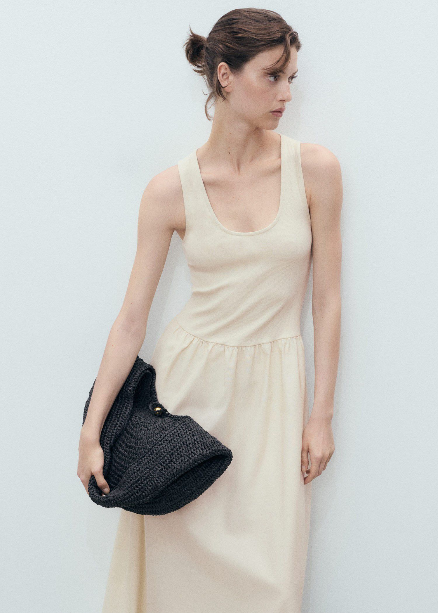 Flared dress in combined fabric