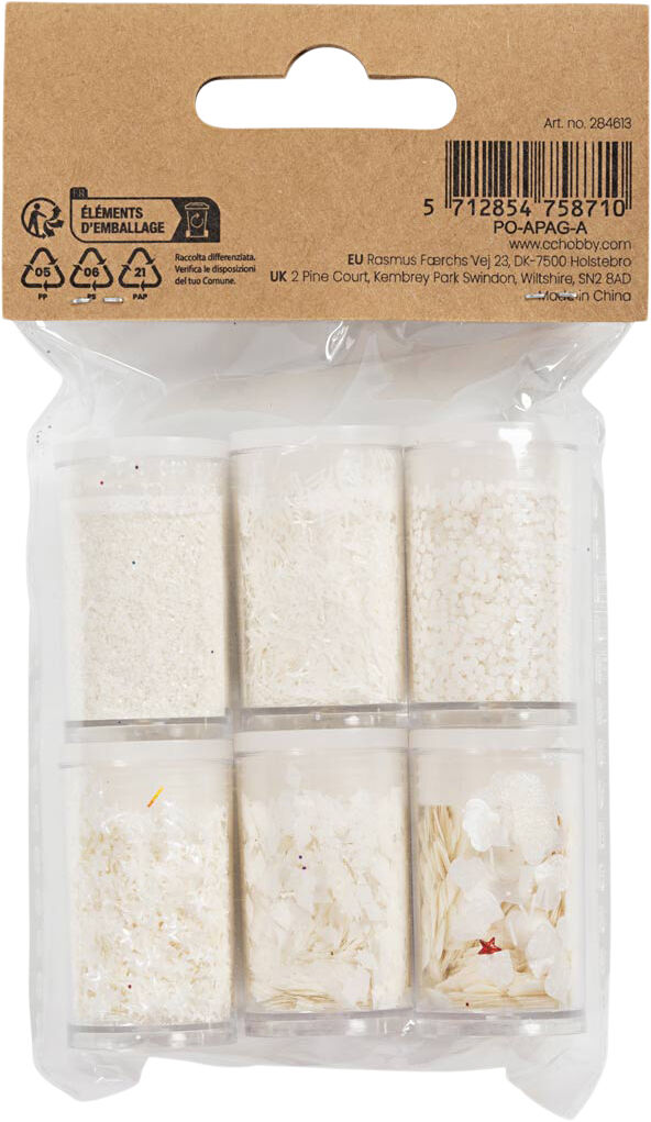 Bio-glimmer & Pailletter, s&oslash;lv, hvid, 6x7ml.