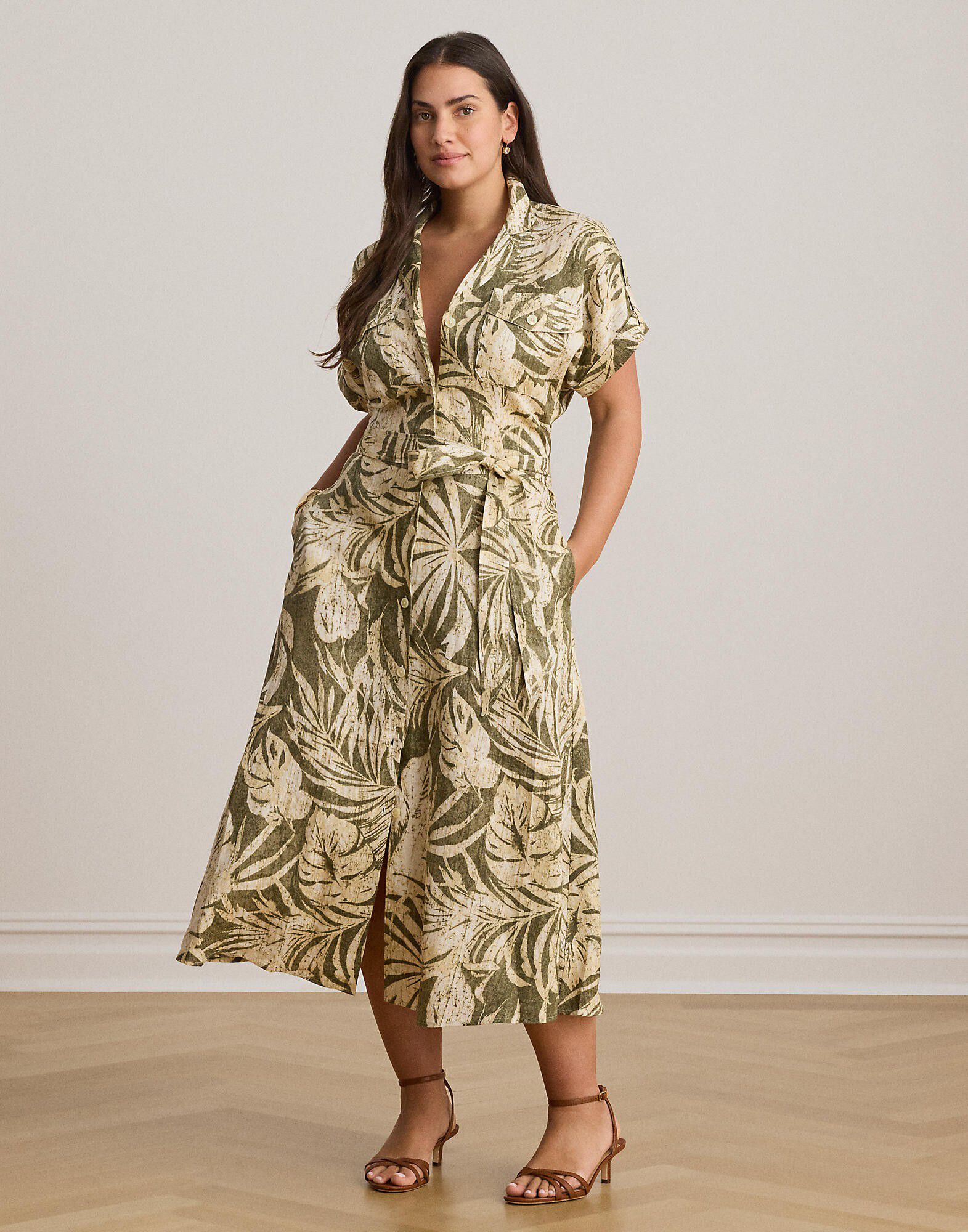 Palm-Frond-Print Linen Camp Shirtdress