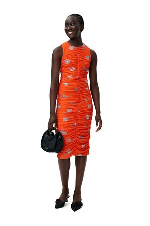 Printed Mesh Ruched Sleveless Midi